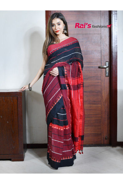 Handloom Cotton With Stripes Design All Over Base And Contrast Color Temple Weaving Border (RAI209)